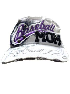 Baseball Mom Embroidered Cap Hat White Purple Adjustable Distressed